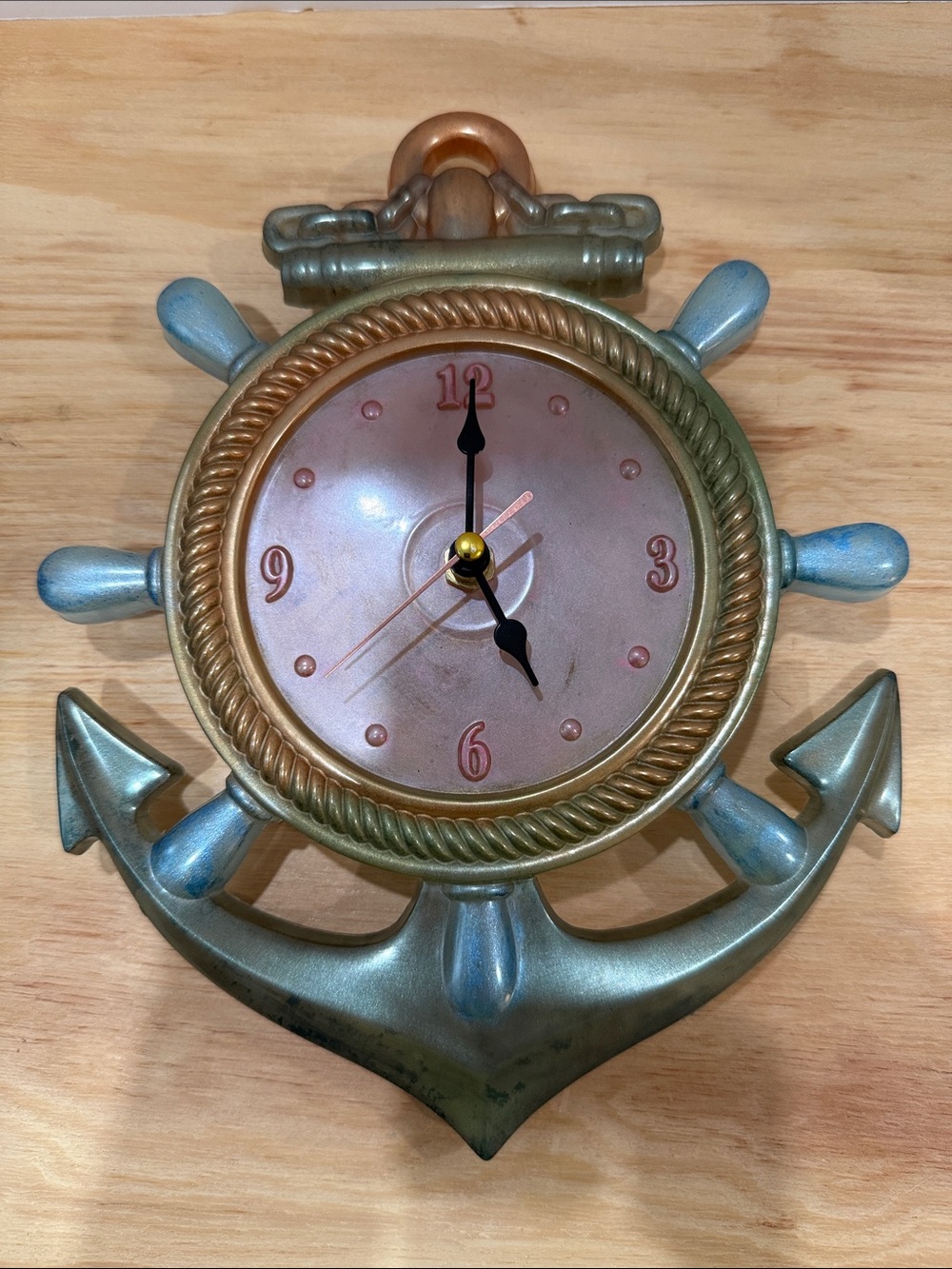 Nautical Anchor Ship Wheel Wall Clock — Bronze and Blue Coastal Accent